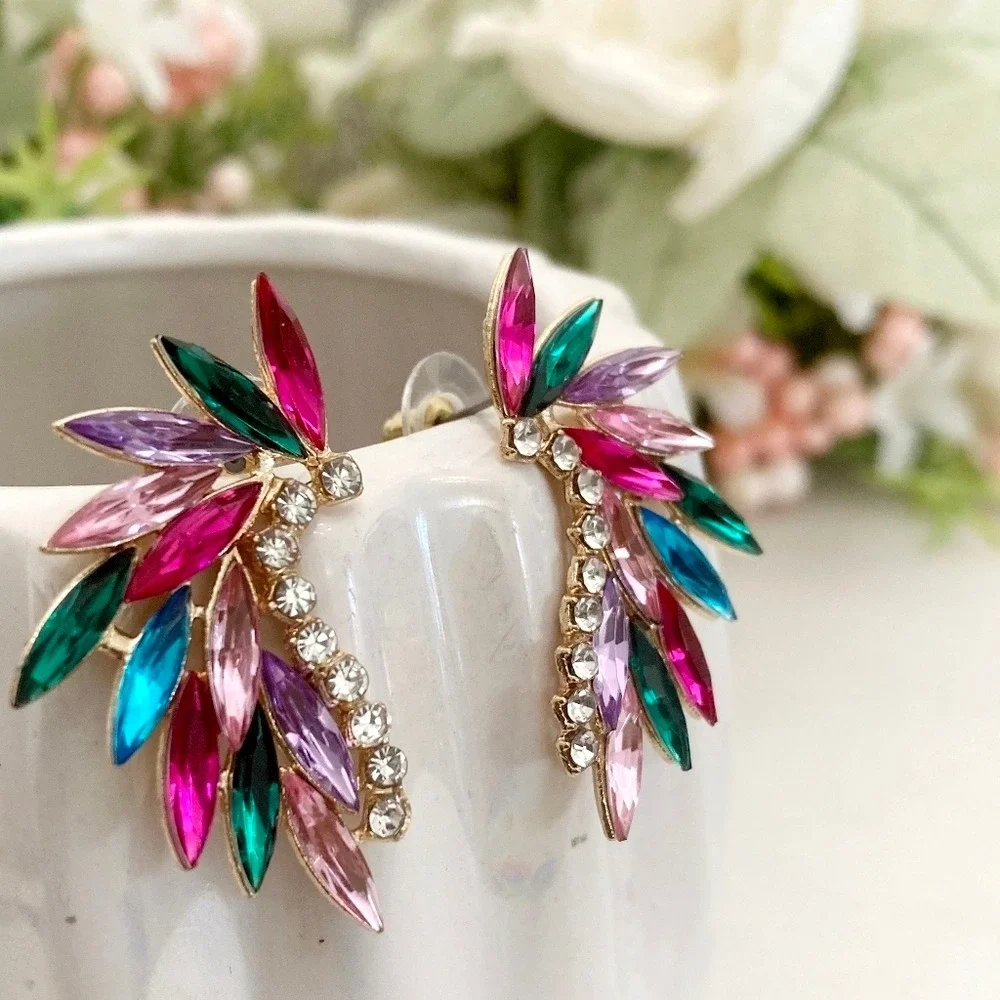 Gold Tone Multicolor Marquise Rhinestone Statement Earrings wedding party 💖